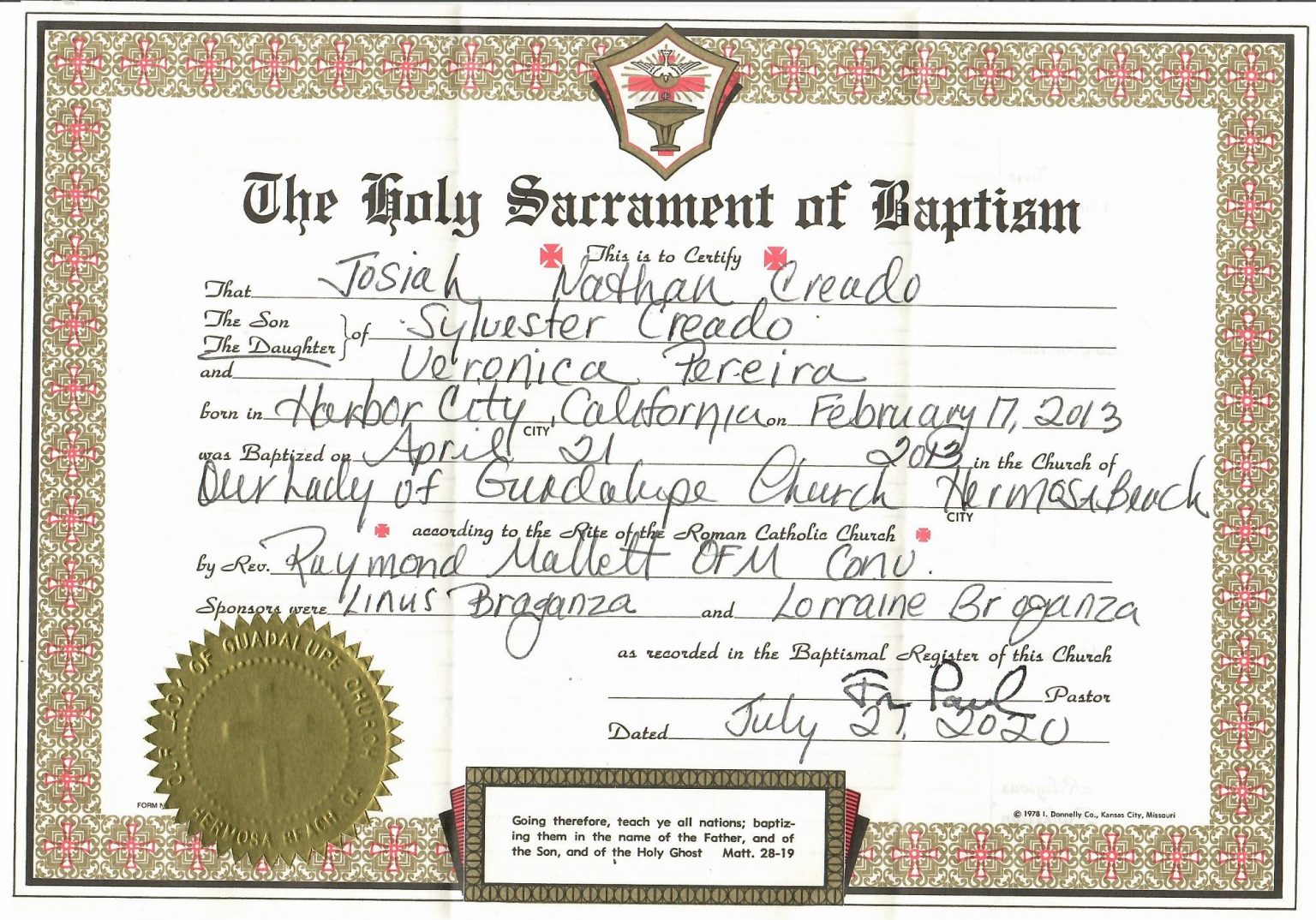 Josiah_Baptism_certificate Our Lady of Guadalupe Church